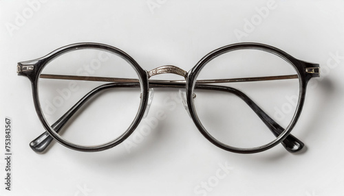 Top view of vintage glasses on white background desk for mockup, collection of diverse angle 