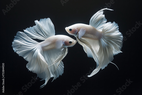 Two white fish swimming together in a black background. two betta fish circling and dancing in love, white on black background photo