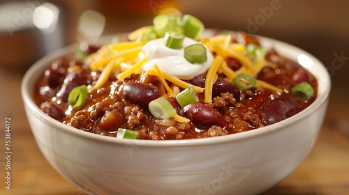 A bowl of hearty chili topped with shredded cheese, sour cream, and sliced green onions