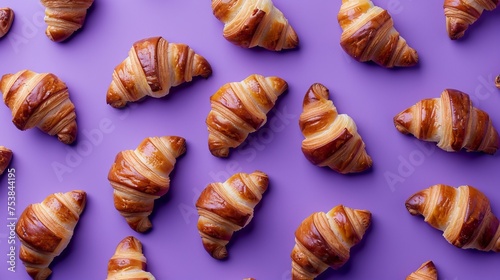 Top view of numerous delicious croissants arranged in a smooth pattern against a vivid violet background