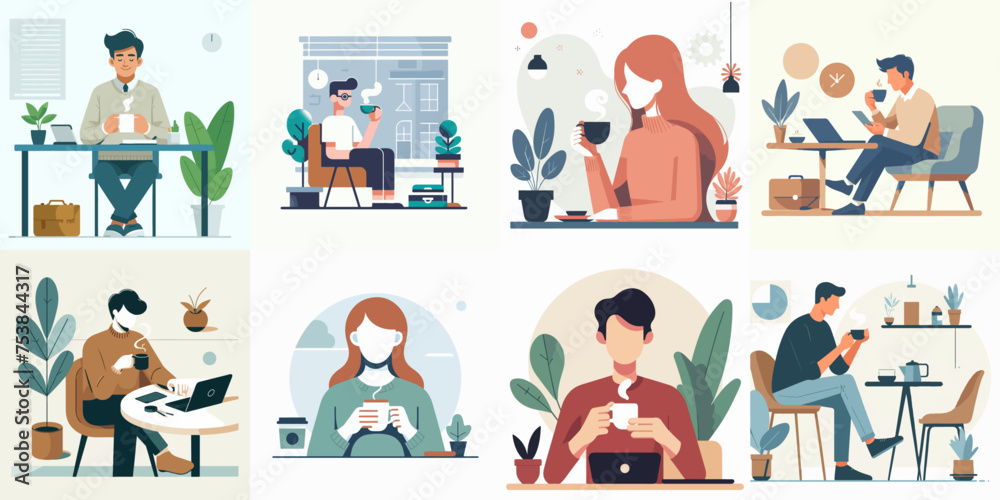 Vector set of someone drinking coffee in flat design style