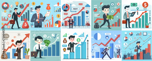 Vector set of businessmen and profit graphs in flat design style