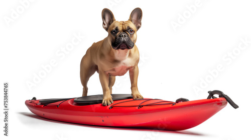 French bulldog standing on kayak isolated on a transparent background