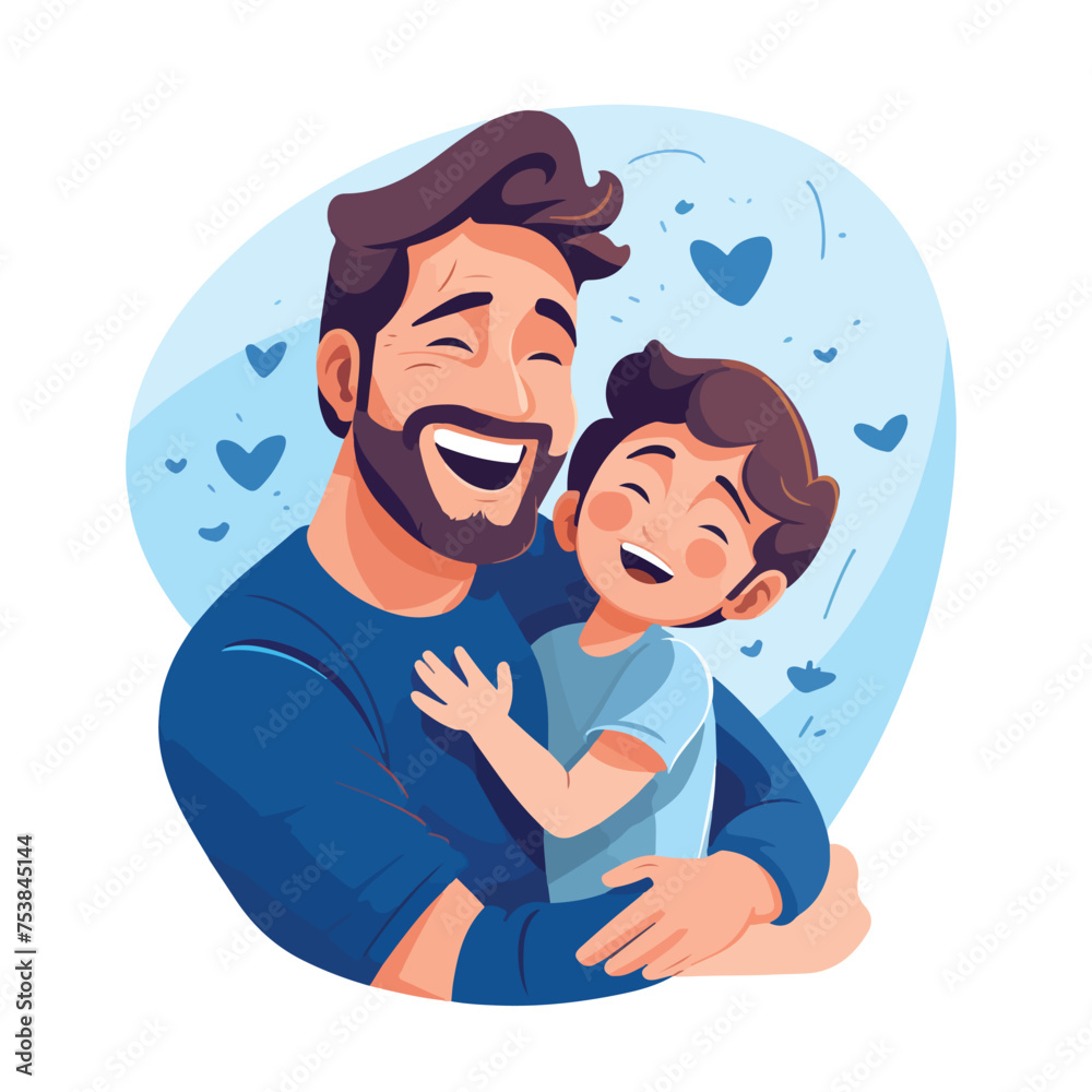 Happy cute kid boy hugging dad love Flat vector illu