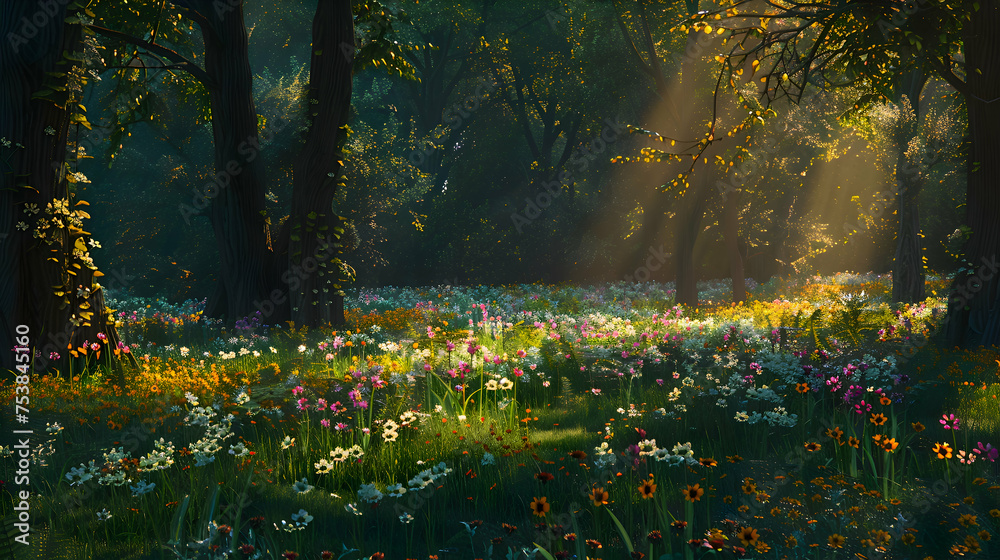 Obraz premium Towering trees casting dappled shadows on a carpet of wildflowers