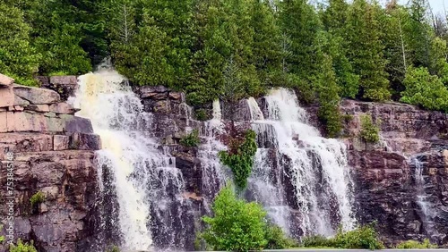 Cadillac Mountain Summit Road in Acadia National Park, Maine. Temporary waterfalls after heavy rain.  Heavy rains created rare waterfalls.