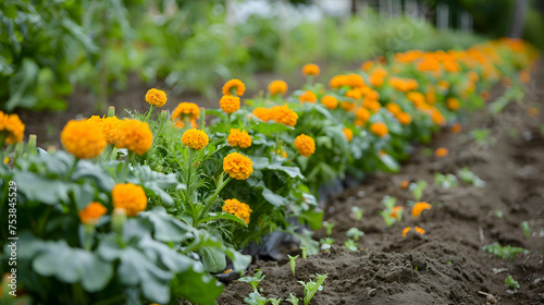 Vibrant marigolds bordering the edges of a flourishing vegetable garden