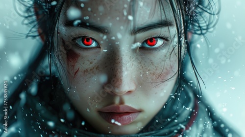 Bloodthirsty red-eyed warrior woman in the snow .