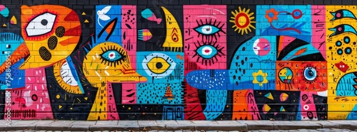 Vibrant street art mural with abstract faces and patterns in a plethora of colors on an urban wall.