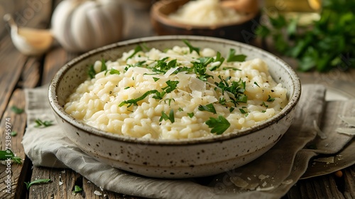 A bowl of creamy risotto garnished with fresh herbs and grated Parmesan cheese