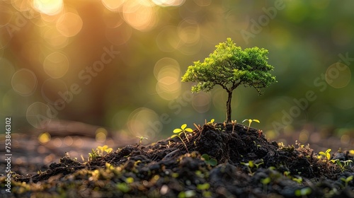 World environment day concept. Earth Day of trees growing seedlings. Small trees with green leaves, natural growth, and sunlight, the concept of agriculture, and sustainable plant growth.