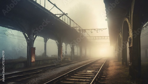 old railway in the morning fog
