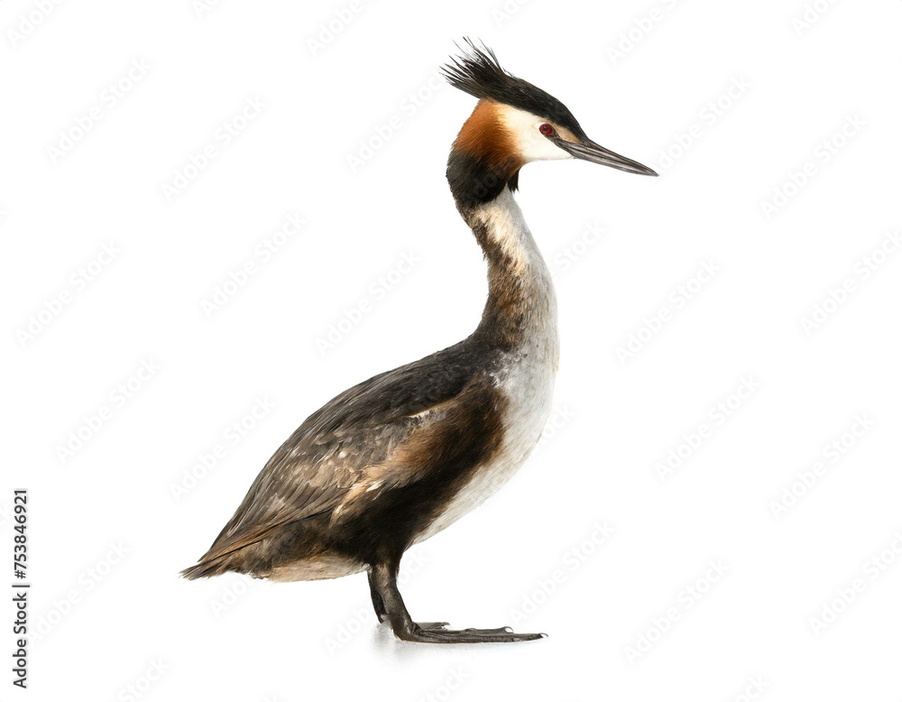 Haubentaucher vogel stehend isoliert auf weißen Hintergrund, Freistelle Haubentaucher vogel stehend isoliert auf weißen Hintergrund, Freistelle