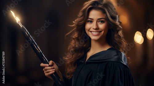 graduates student in academic gown and graduation cap holding diploma