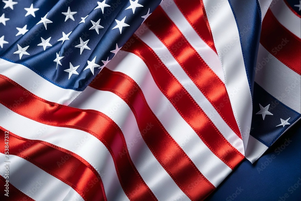 A red, white, and blue American flag is shown in a close up