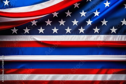 A red, white, and blue American flag is shown in a close up