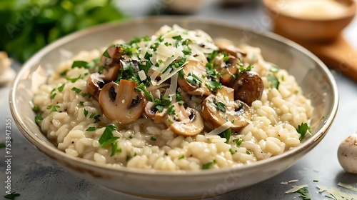 A bowl of creamy mushroom risotto garnished with fresh parsley and grated Parmesan