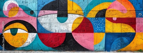 Abstract urban graffiti art featuring colorful geometric shapes and bold patterns on a wall.