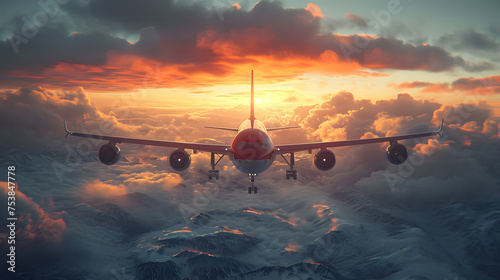 Passenger aeroplane flying above clouds during sunset