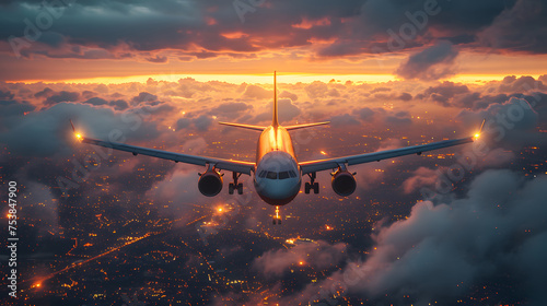 Passenger aeroplane flying above clouds during sunset