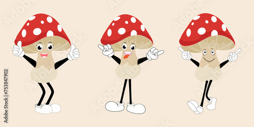 Mushroom character design different expression in vintage style, Kawaii mushroom cartoon mascot character illustration photo