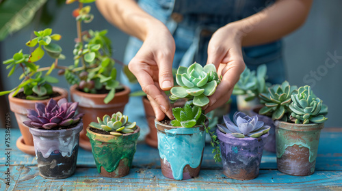 Female hands planting succulents in painted old jars. Hobby zero waste lifestyle eco friendly concept 