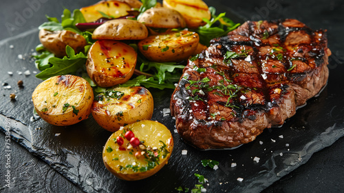 Succulent thick juicy portions of grilled fillet steak served with tomatoes and roast vegetables on an old wooden board