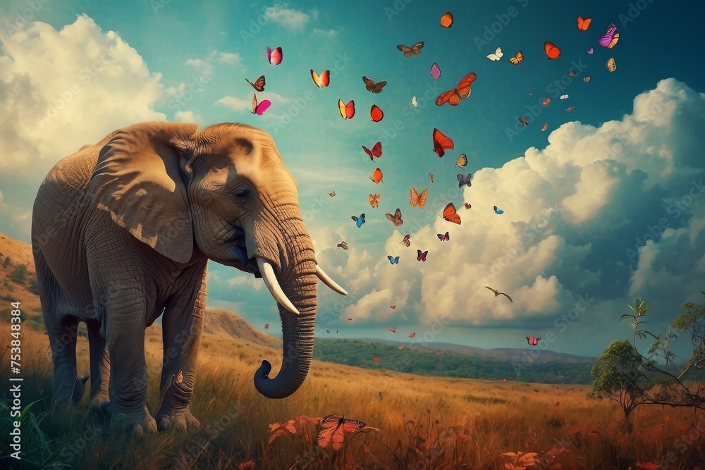 elephant, butterfly - obrazy, fototapety, plakaty 