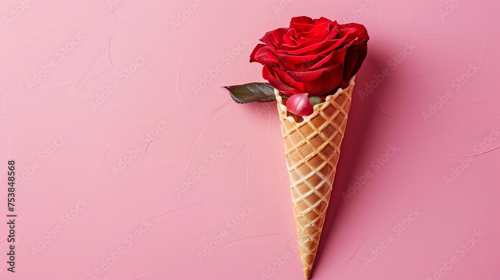 Waffle cone with a pink background and a red rose blossom. Summer concept, flat-laid, top view of flowers background Waffle cone with a pink background and a red rose blossom. Summer concept, flat-laid, top view of flowers background