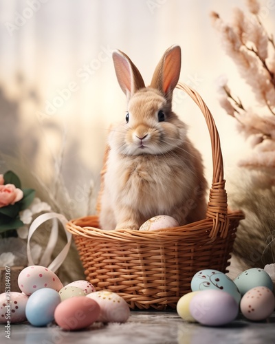 Easter bunny with a basket of eggs. © Spyrydon