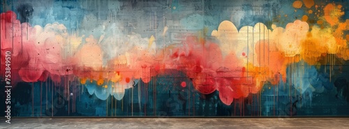 Dynamic abstract mural with splattered paint clouds in a blend of warm and cool hues on a textured urban wall.