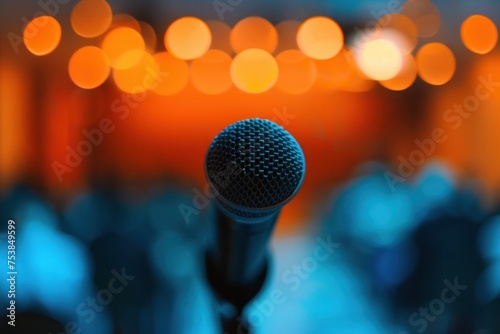 close up of microphone on stage with blurry background