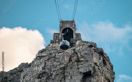Cape Town - Epic Table Mountain Panorama with Aerial cable car. Blue sky, whispy clouds - Spectacular perspective below -Great outdoors adventure travel holiday destination, Cape Town, South Africa