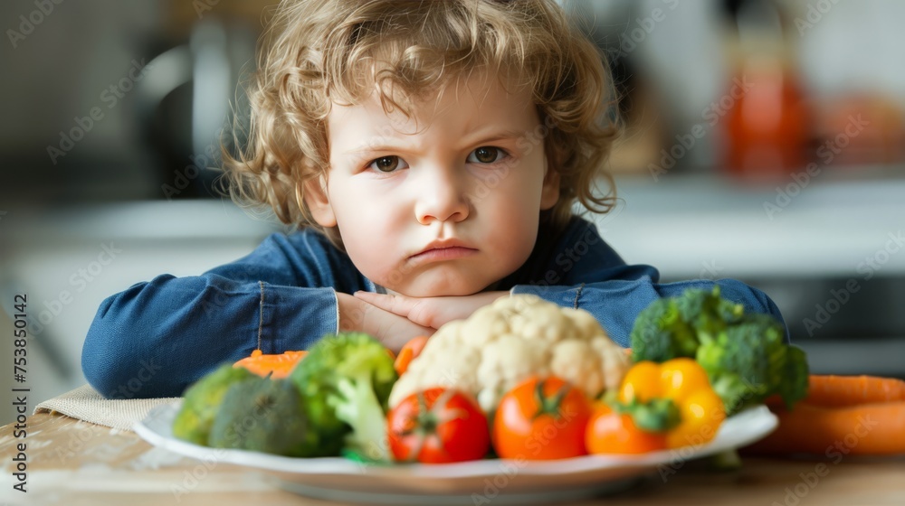 A little boy looking unhappy as he refuses to eat vegetables, portraying picky eating behavior during family mealtime A little boy looking unhappy as he refuses to eat vegetables, portraying picky eating behavior during family mealtime