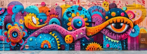 Colorful street mural with whimsical cartoonish creatures and eyes, featuring a vivid mix of patterns and shapes on a bright urban wall.