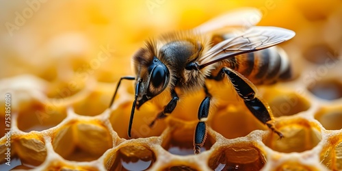Closeupofabeediligentlyproducinghoneyonahoneycomb. Concept Macro Photography, Honey Bee, Honeycomb Close-up, Nature Details © Ян Заболотний