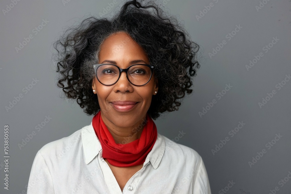 Charming professional black woman with glasses and red scarf in studio portrait Charming professional black woman with glasses and red scarf in studio portrait