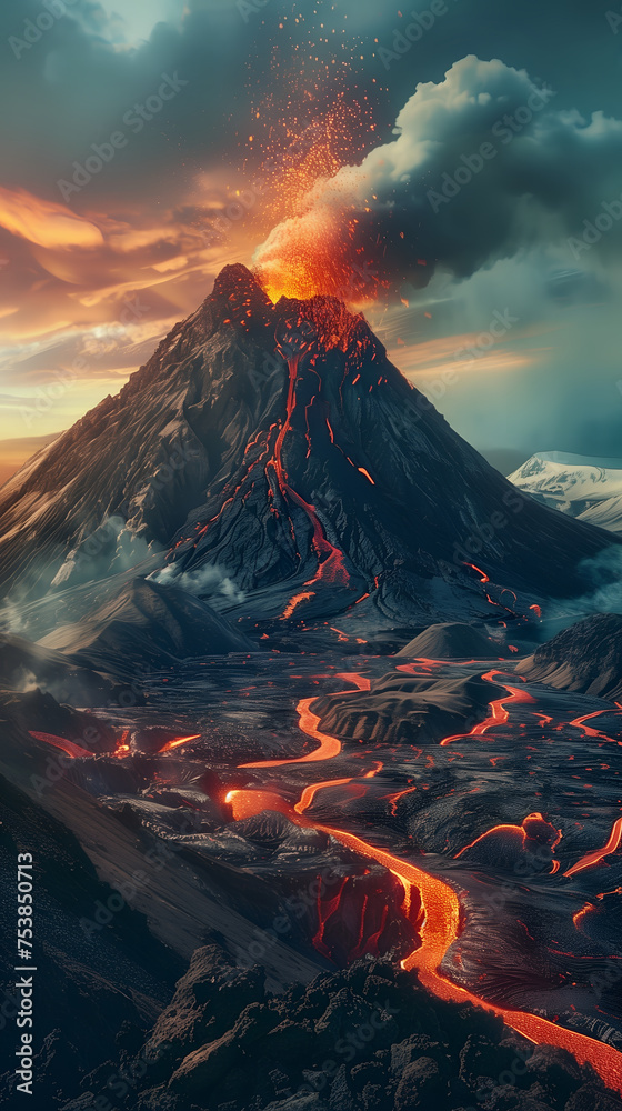 Majestic Volcano Eruption Captured at Dusk With Glowing Lava Flows and Ash Plume. AI.