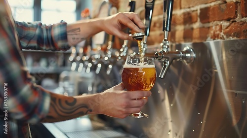 A bartender pouring a glass of craft beer from a tap