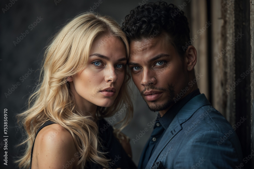 Fototapeta premium Intense portrait of a blonde woman and a black man with striking eyes