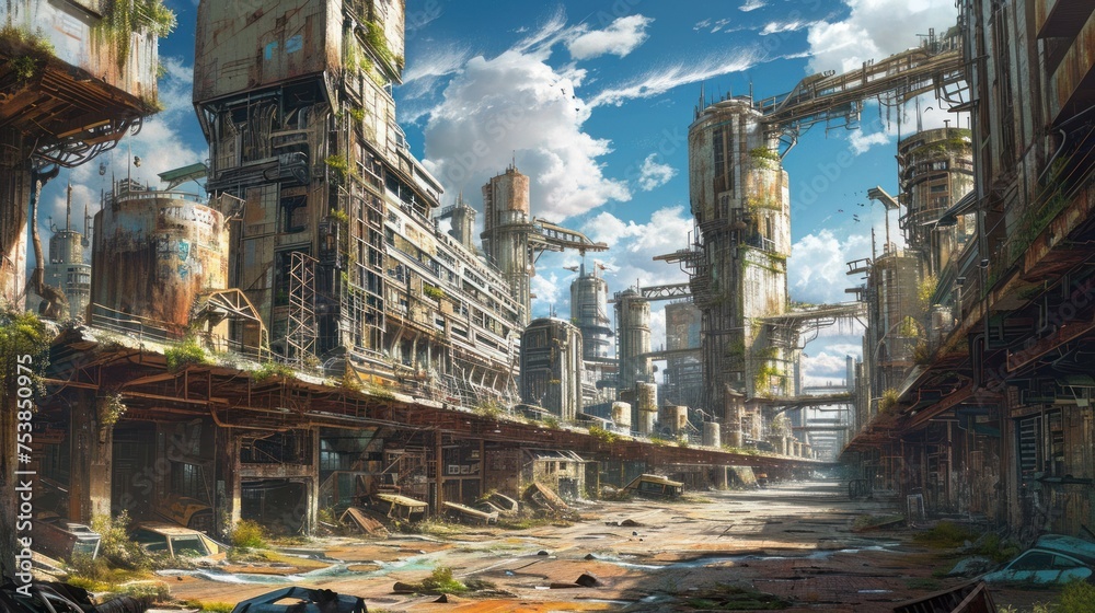 An abandoned city filled with decaying buildings and factories.