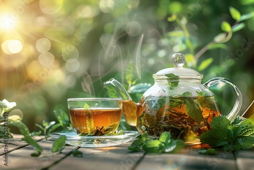 Glass cup with teapot of aromatic tea and green mint leafs on blurred green background