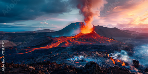 As twilight settles, a majestic volcanic eruption unfolds, with fiery lava streams flowing down the rugged terrain. AI.