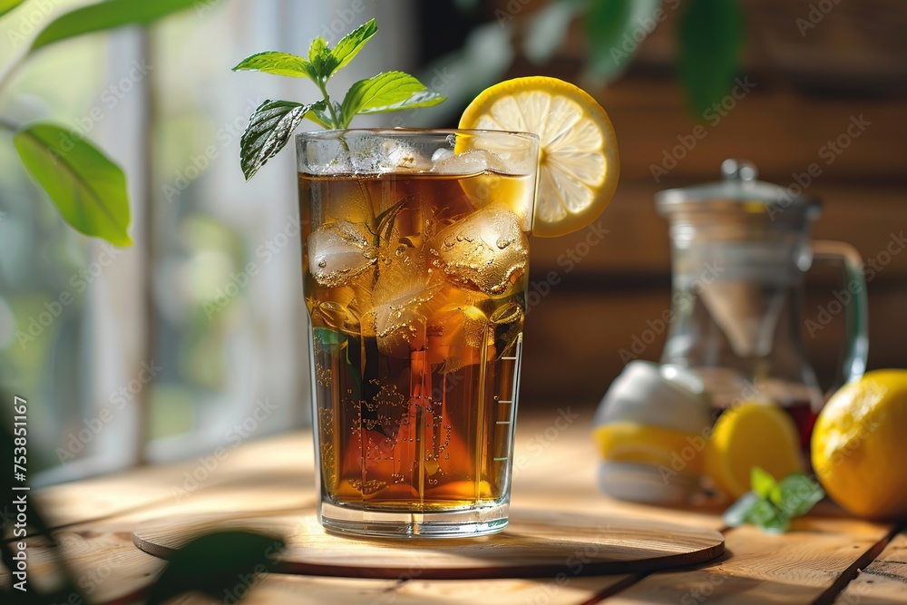 Glass of ice tea with lemon and sunlights on wooden background - obrazy, fototapety, plakaty 