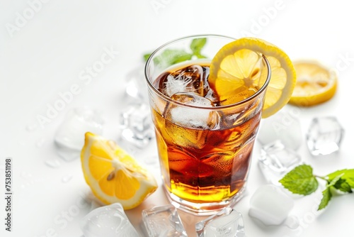 Glass of ice tea with lemon on white background