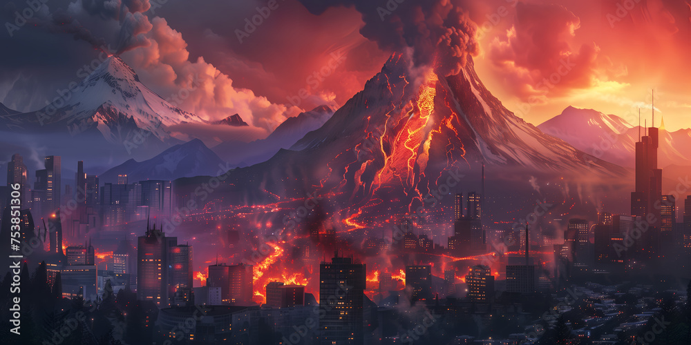 Apocalyptic Vision of a City Engulfed by Volcanic Eruption During Twilight. AI.