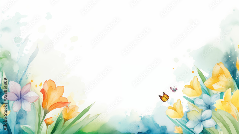 Vibrant painting of flowers against sky background with copy space. Generated with AI.