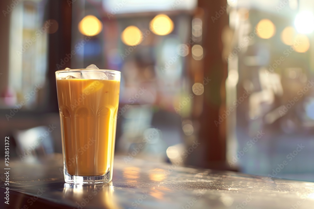 Glass of iced coffee with cream on blurred cafe background Glass of iced coffee with cream on blurred cafe background