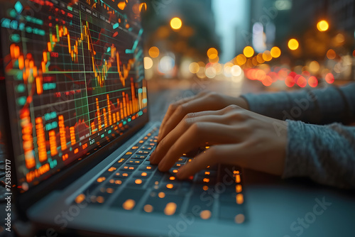 Close-up of hands typing on a laptop with stock market graphs on the screen, editorial office background. traders specializing in stocks