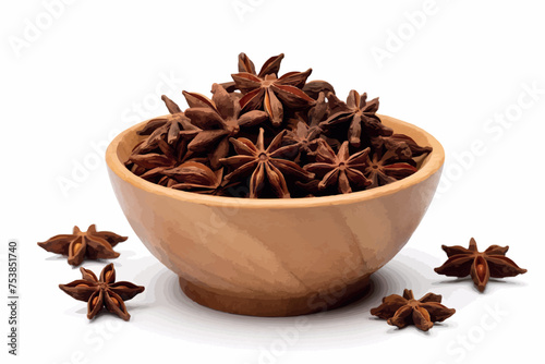 Anise stars in wooden bowl isolated on white background.